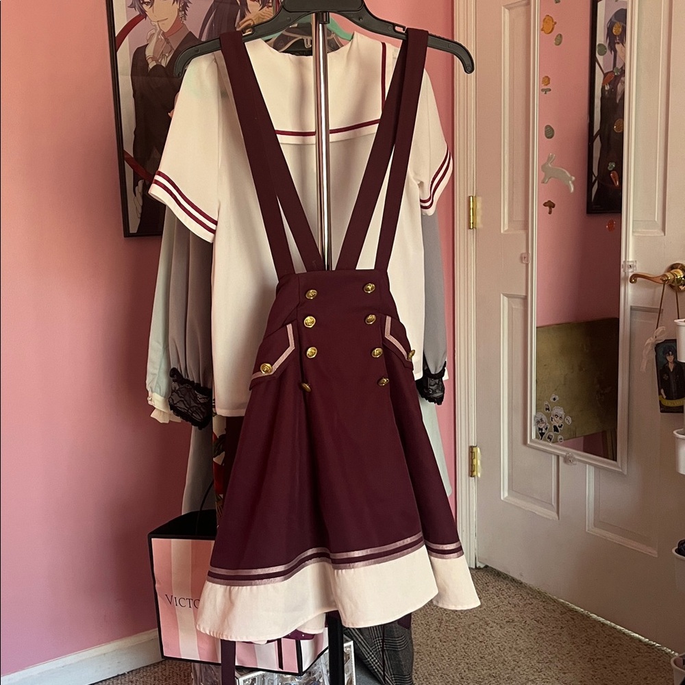 Amavel Maroon Suspender Skirt with Gold Buttons